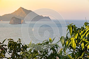 Craggy peaks and rocky coastline of southern thailand in the Ind