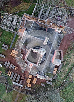 Craigievar Castle during conservation work to paint the walls pink