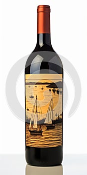 Cram Wine Label: Dark Orange And Crimson Boat In Vineyard Haven Harbor