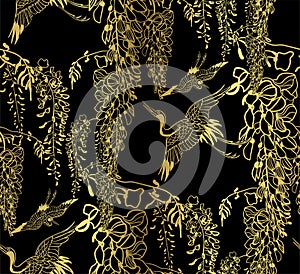 Cran bird wisteria vector seamless japanese chinese pattern gold black traditional photo