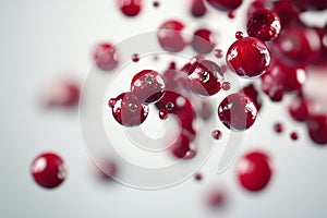 Cranberries falling in mid-air with full depth of field, isolated on a white background for a crisp and clean visual effect