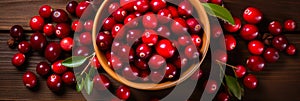 Cranberry banner. Bowl full of cranberries. Close-up food photography background