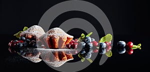 Cranberry and blueberry muffins sprinkled with sugar powder on a black reflective background. Muffins with berries and mint