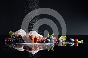 Cranberry and blueberry muffins sprinkled with sugar powder on a black reflective background. Muffins with berries and mint