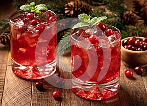 Cranberry cocktail with fresh cranberries and mint