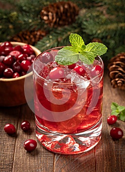 Cranberry cocktail with fresh cranberries and mint