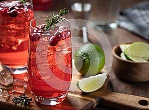 Cranberry cocktail with rosemary and lime slices