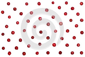 Cranberry isolated on white background closeup top view. Flat lay pattern