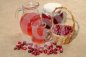 Cranberry jam, cranberry fruit drink and fresh berries in a basket