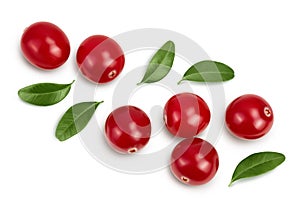 Cranberry with leaves isolated on white background with clipping path and full depth of field. Top view. Flat lay