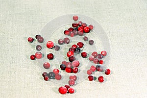 Cranberry on a linen fabric background. Vitamine. Berry