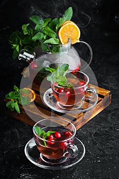 Cranberry and mint tea. Hot winter drinks.