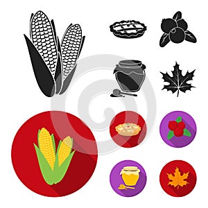 Cranberry, pumpkin pie, honey pot, maple leaf.Canada thanksgiving day set collection icons in black,flat style vector