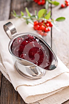 Cranberry sauce in a metal dish
