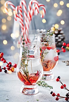 Cranberry, vodka and gin alcoholic cocktail with ice and thyme in special glass. Winter aperitif drink. Gray background. Christmas