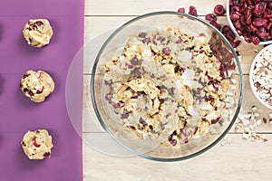 Cranberry and white chocolate cookies dough in bowl