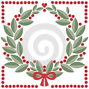 Cranberry wreath with leaves, berries, heart shape and red bow vector isolated winter holiday card