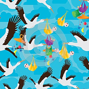 Crane bird carrying play baby at sky seamless pattern