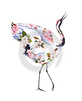 Crane bird in flowers. Water color illustration photo