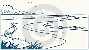 Crane Bird River Landscape Nature Wildlife Graphic vector design Generative AI photo