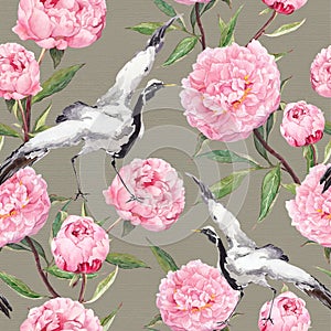Crane birds dance, peony flowers. Vintage floral repeating background. Watercolor