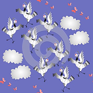 Crane birds dance. Seamless animal print with dancing birds, butterflies and clouds.