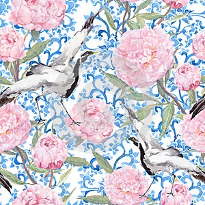 Crane birds, peony flowers. Floral repeating asian pattern. Watercolor