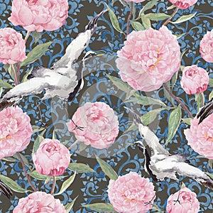 Crane birds, peony flowers. Floral repeating chinese pattern. Watercolor