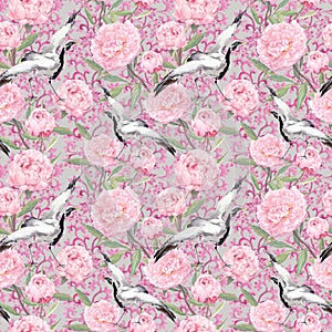 Crane birds, peony flowers. Floral repeating decorative pattern. Watercolor