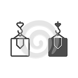 Crane with box line and glyph icon. Cargo lift vector illustration isolated on white. Freight loading outline style