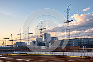 Crane and building construction site against blue sky