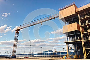 Crane and building construction site against blue sky