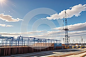 Crane and building construction site against blue sky