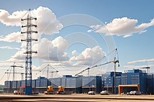 Crane and building construction site against blue sky