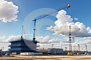 Crane and building construction site against blue sky