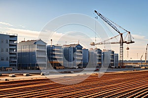 Crane and building construction site against blue sky