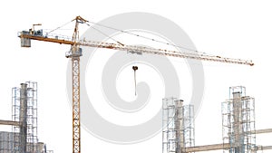 Crane in building construction site isolated on white background