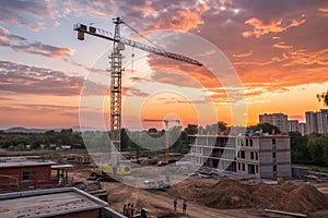 Crane and building construction site at sunset photo