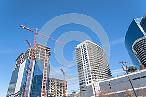 Crane construction glass building in Dallas, Texas, USA