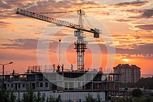 Crane and construction site at sunset
