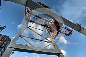 Crane on container loading and unloading docks bottom view