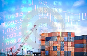 Crane and container shipping export import business logistics in harbor industry - World economy crisis stock market exchange loss