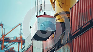 A crane is delicately lowering a box of fragile glass panels onto a waiting cargo ship. .