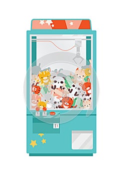 Crane game doll machine flat vector illustration. Claw machine with colorful plush animal toys. Amusement for children