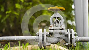 a crane on a gas pipe in close-up against the background of nature