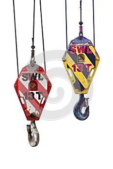 Crane hoist,wire rope sling and hook isolate on white background.