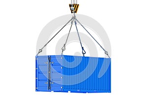 Crane hook and blue cargo container