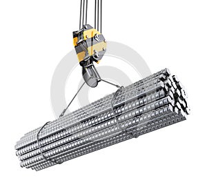 Crane hook hanging on a steel ropes with big steel reinforcement pack