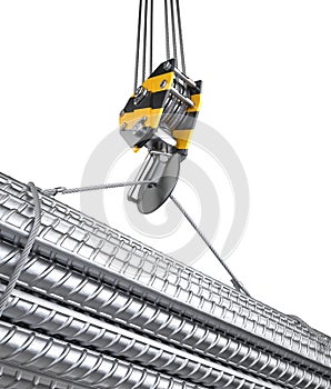 Crane hook hanging on a steel ropes with big steel reinforcement pack