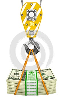 Crane hook holding stack of money